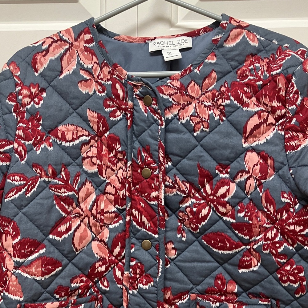 Rachel Zoe quilted collarless patch pocket jacket, floral, wine red & grey L - Picture 4 of 12